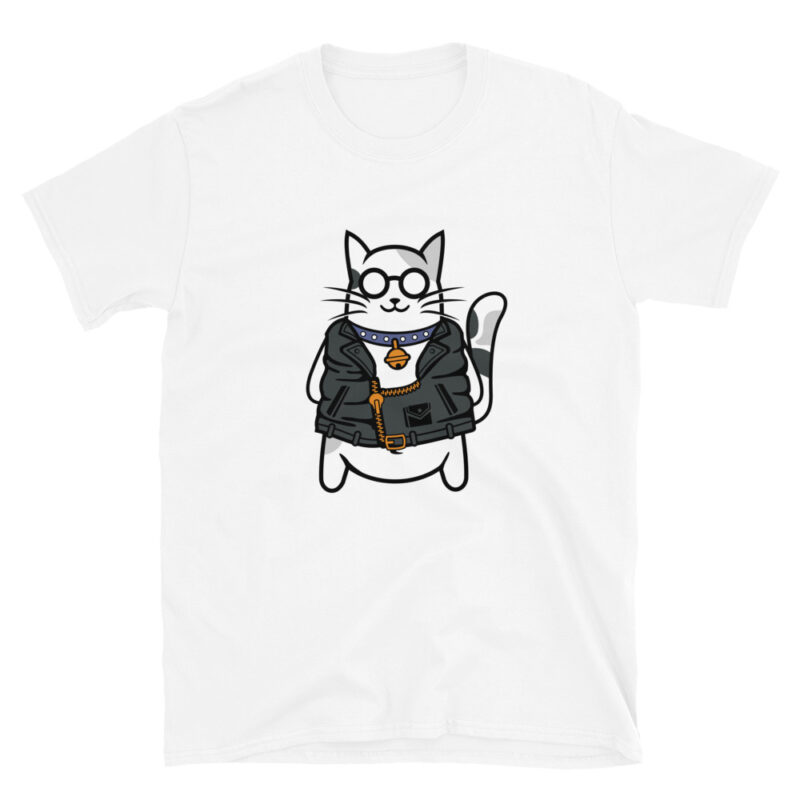Maglietta bianca con stampa di un Gatto con collare e chiodo